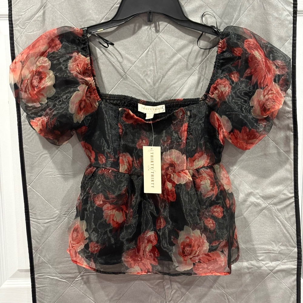 Black Romantic Floral Shimmer Organza Peplum Blouse Smocked Back Puff Sleeve S